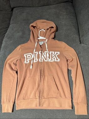 Victoria's Secret PINK Brown Zip Hoodie with White Drawstrings-XS